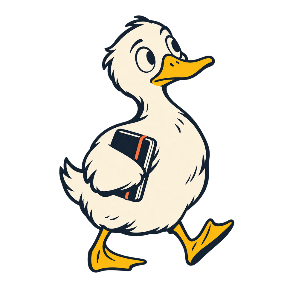 A curious duck field correspondent carrying a notebook